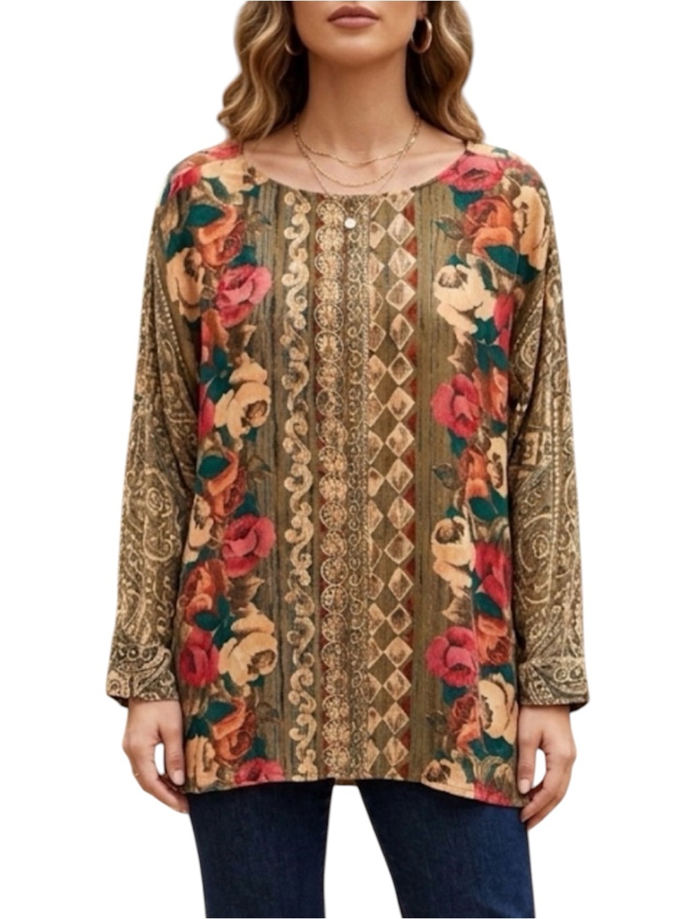 Carole Little Vintage Boho Floral Tunic Top Earthy Rose Print Long Sleeve XL 16